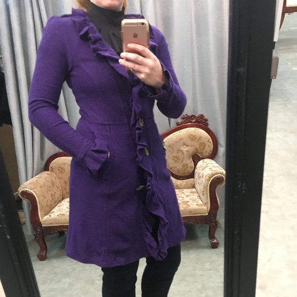 LUII Wool Purple Ruffle Front Jacket Coat Sweater - Picture 6 of 16